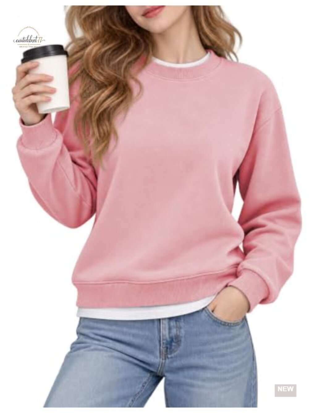 Womens Cotton Blend Crewneck Pullover Sweatshirt Loose Fit Contrast Trim